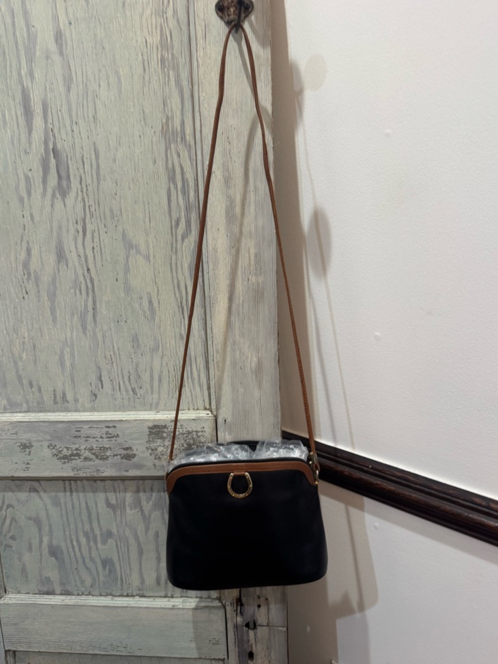 Vintage Pourchet Paris Leather Purse Crossbody horseshoe buckle Black Ostrich